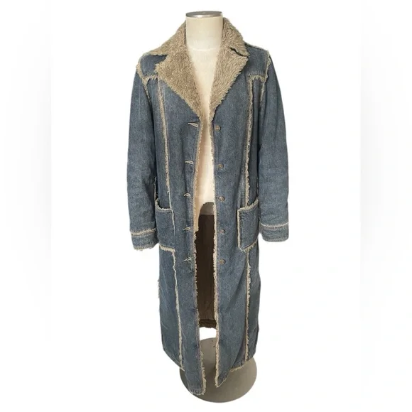 Giacca Blue Denim Coat with faux fur Trim - Picture 2 of 9